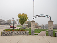 Entrance to Gateway Park with downtown area in background.